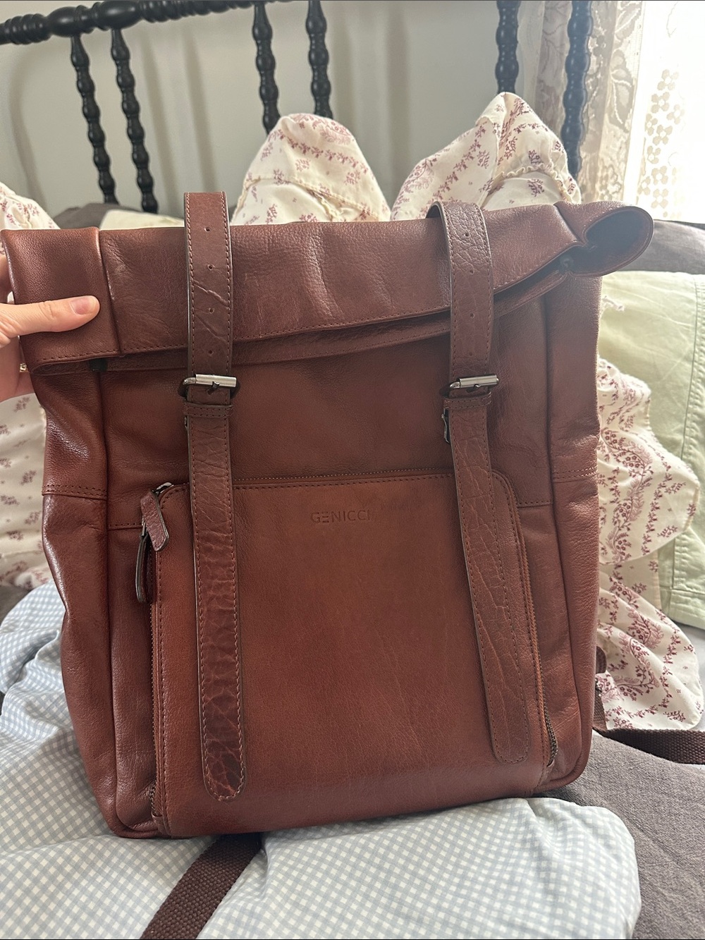 Brown Leather Roll-Top Backpack
